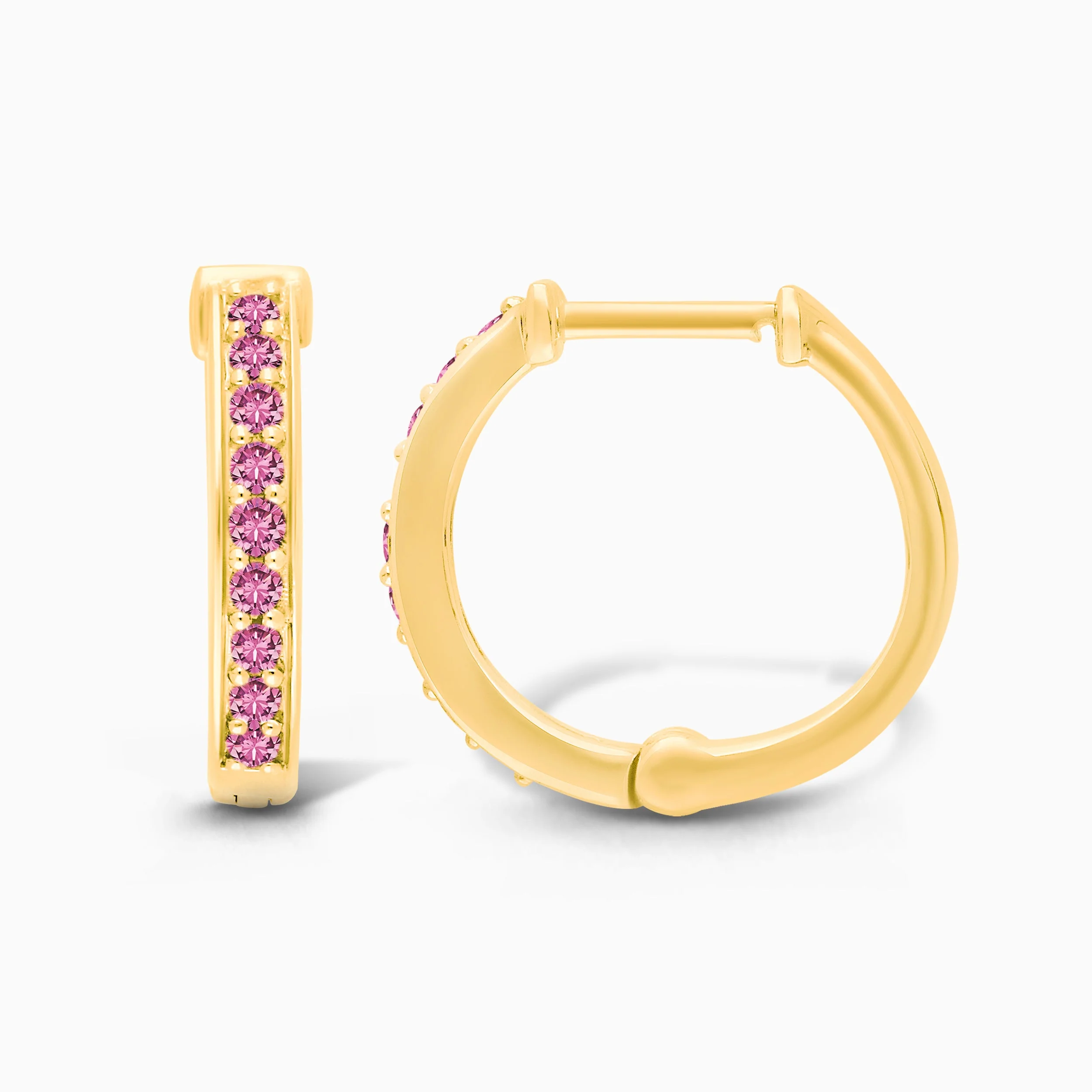Yellow Gold Pink Sapphire Huggies - Image 3